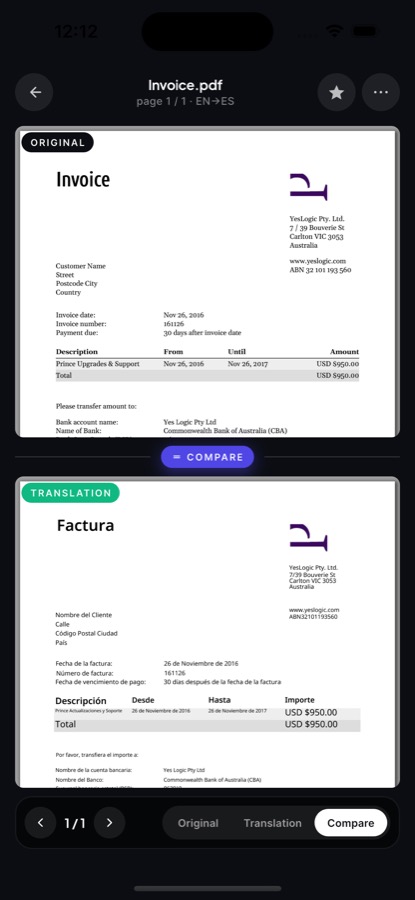 Original and translated PDF comparison view in AI PDF Translator